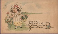 Little Girl Picking Flowers with a Basket, with Kitten Sitting on the Ground Postcard