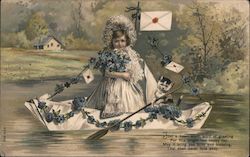 Girl and Cat in a Row Boat, Adorned with Flowers Postcard