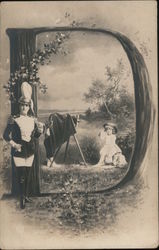 Letter D with Soldier and Girl in Hat Having Her Picture Made Postcard