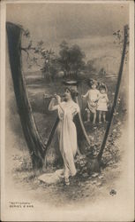 Woman playing instrument in front of giant letter 'W" Postcard