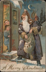 Two girls answering the door for Santa with a sack Postcard