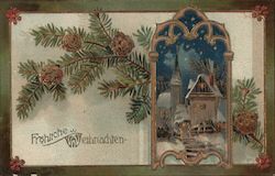 Snow covered house with a backdrop of pinecones and fir branch Postcard
