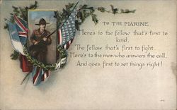 To The Marine - Soldier Holding Rifle , Between Two Flags Postcard