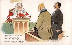 Man, next to a cop, pleading his case before the Judge Postcard