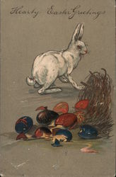 White Rabbit leaving a nest of broken colored eggs. Postcard