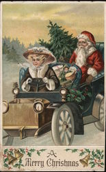 Woman Driving Car With Santa in Back Postcard