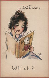 Valentine Which? - Woman Looking at Book 'Dollars and Sense' Postcard