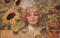 Curly Blonde Looking Over a Fence with Sunflowers Postcard