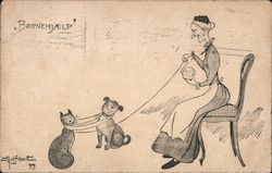 A Woman Sitting with a Dog and a Cat Postcard