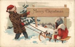 Boy pulling his sister on a sled in the snow Postcard