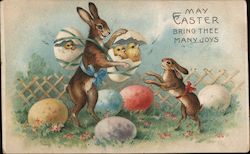 May Easter Bring Thee Many Joys - Two Rabbits with Chicks and Eggs Postcard