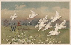 Best Easter Wishes Doves Flying Over White Flowers Postcard