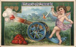 To My Valentine - Cupid Shooting Heart from a Cannon Postcard