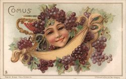 Carnival Comus - face in grapes over banner Postcard