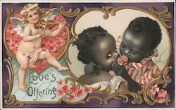 Love's Offering - Boy Trying to Kiss Girl, Cherub Playing a Violin Postcard