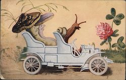 A toy car being driven by a slug. The slug is looking at a pink flower Postcard