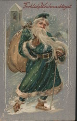 Frohliche Weihnachtozeit - Santa Carrying a Bag Walking in a Snowstorm Postcard
