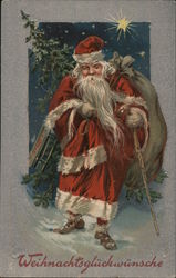 Santa Claus walking with a cane and a bag of toys on his back Postcard