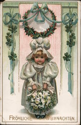 Frohliche Weihnachten Little Girl Holding Flowers, Holly Wreath Postcard