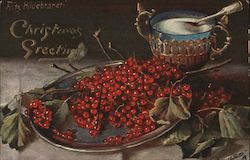 Tuck's Oilette 596B - "Christmas Greetings" - Holly Berries on Platter Postcard