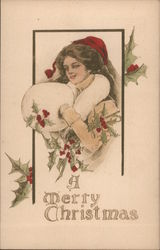 A Merry Christmas Woman In Coat with Muffler and Holly Postcard