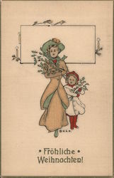 "Fröhliche Weihnachten!" - Woman and child carrying holly branches Christmas Postcard Postcard Postcard