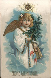 Frohe Weihnachten Girl Dressed like an angel in clouds holding toys and a fir tree with a star above Postcard