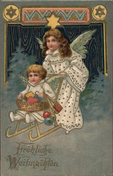 "Fröhliche Weihnachten" / Angels w/ Stars of David Postcard