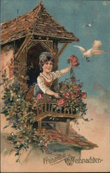 A Girl Holding Flowers Up to a Bird Postcard
