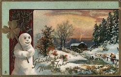 Tuck's New Years Post Cards 141 - "Glückwunsche Neuen Jahre" - Snowman and Winter Scene Postcard