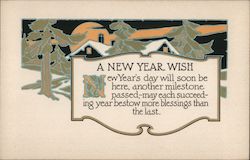A New Year Wish Night Sky Line with House Postcard