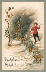 Money floating down river and growing on tree: "A happy New Year!" Postcard