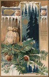 Tuck's New Years Greetings 600 - "Besten Glückwunsch zum Neuen Jahre" - Money Bags and Fir Branches Postcard