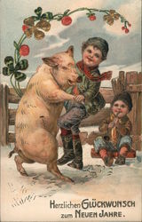 Children playing in the snow with a pig Postcard