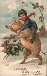 Congratulations on the New Year - Boy Riding Piggyback Postcard