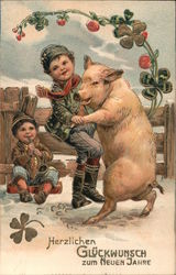 Herzlichen Glückwunsch zum Neuen Jahre" / Two Young Boys Dancing w/ Pig Postcard