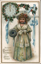 A Young Girl in Front of a Clock Postcard