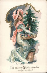 Tuck's New Year Post Cards 113 - "Die Besten Glückwunsche zum Jahreswechsel" - Woman Decorating Tree Postcard