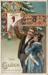 A man with his arm around a woman and removing a page from a calendar showing the 1st of January. Postcard