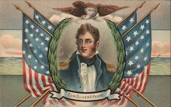 Commodore Oliver H. Perry - Oval portrait w/ eagle and American flags Postcard