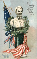 A bust of Abe Lincoln behind a flag Postcard