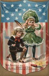 Children playing with fireworks behind a flag Postcard