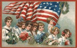 Tuck's Decoration Day 173 - Children w/ Wreaths, Flowers and Large American Flag Postcard