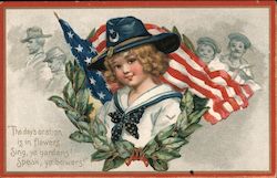 Tuck's Decoration Day 173 - Wreath, American Flag and Girl Wearing Union Soldier's Hat Postcard
