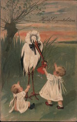 Babies and stork: "Hearty Congratulations Postcard