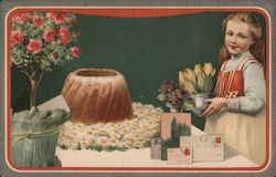 Girl with flowers, letters and cake Postcard