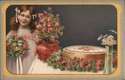 Young girl with flowers and cake Postcard