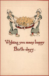 Wishing you Many Happy Birth-days. Two Dutch women holding a basket of flowers. Postcard