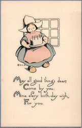 A Dutch woman holding a birthday cake beside a window Postcard Postcard Postcard
