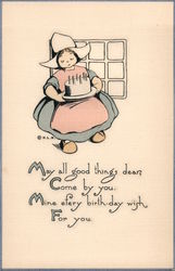 A Dutch woman holding a birthday cake beside a window Postcard